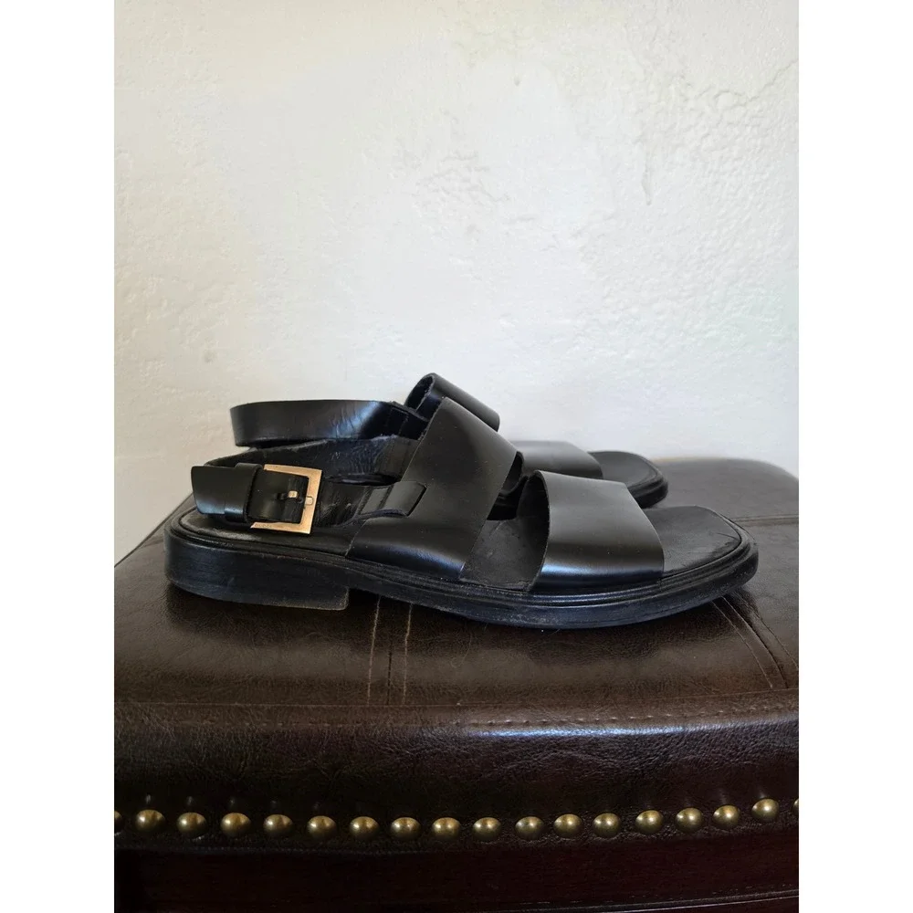 Gucci Black Leather Square Toe Minimalist‎ Buckle Slingback Sandals sz 7.5D